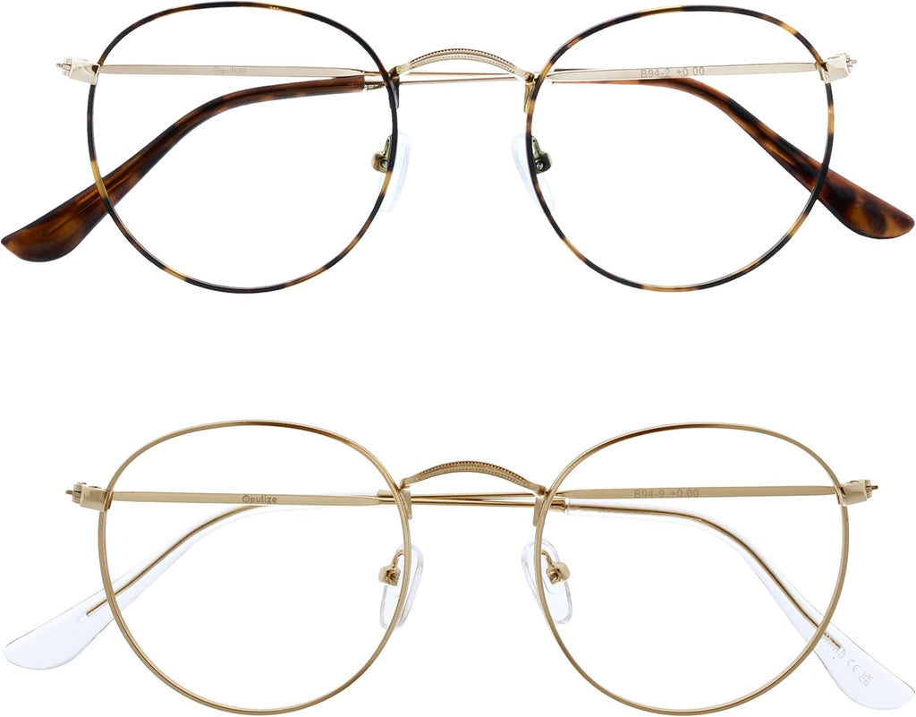 OPULIZE SOL Reading Glasses with Blue Light Blocking for Women and Men, Round Metal Frame, Spring Hinges, Computer Gaming Glasses, Brown Tortoiseshelll,Gold +0 (Pack of 2)