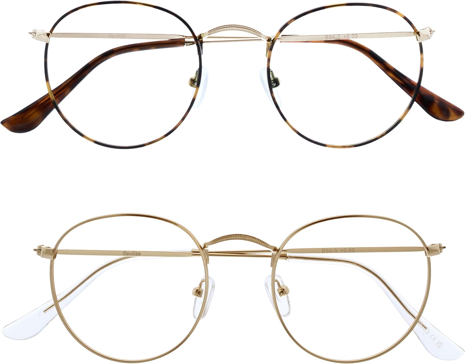 OPULIZE SOL Reading Glasses with Blue Light Blocking for Women and Men, Round Metal Frame, Spring Hinges, Computer Gaming Glasses, Brown Tortoiseshelll,Gold +0 (Pack of 2)