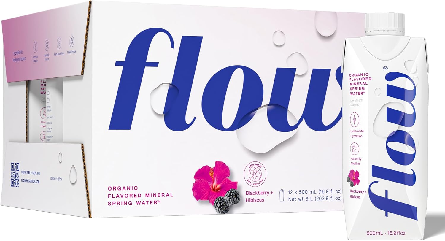 Flow Mineral Spring Water, Organic Blackberry + Hibiscus, 12 Pack (16.9 Fl Oz) - Naturally Alkaline with Electrolytes and Zero Sugar