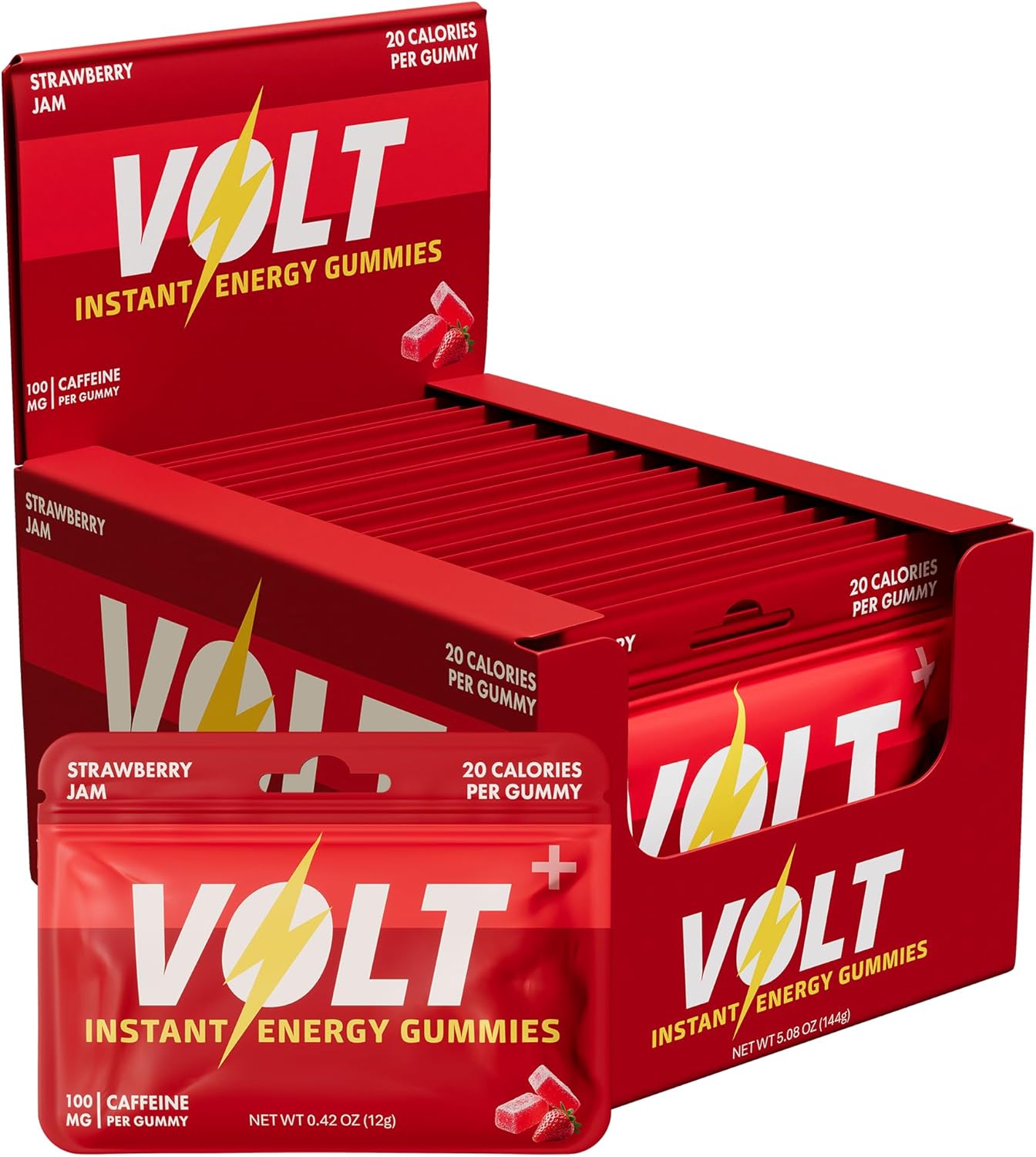 Volt Instant Energy Gummies - 100mg Caffeine per Gummy - Fast-Acting Fuel for Workout, Race + Study - Energy Drink Alternative - Caffeine Chews for Women & Men - Made in USA - Strawberry Jam - 12 Pack