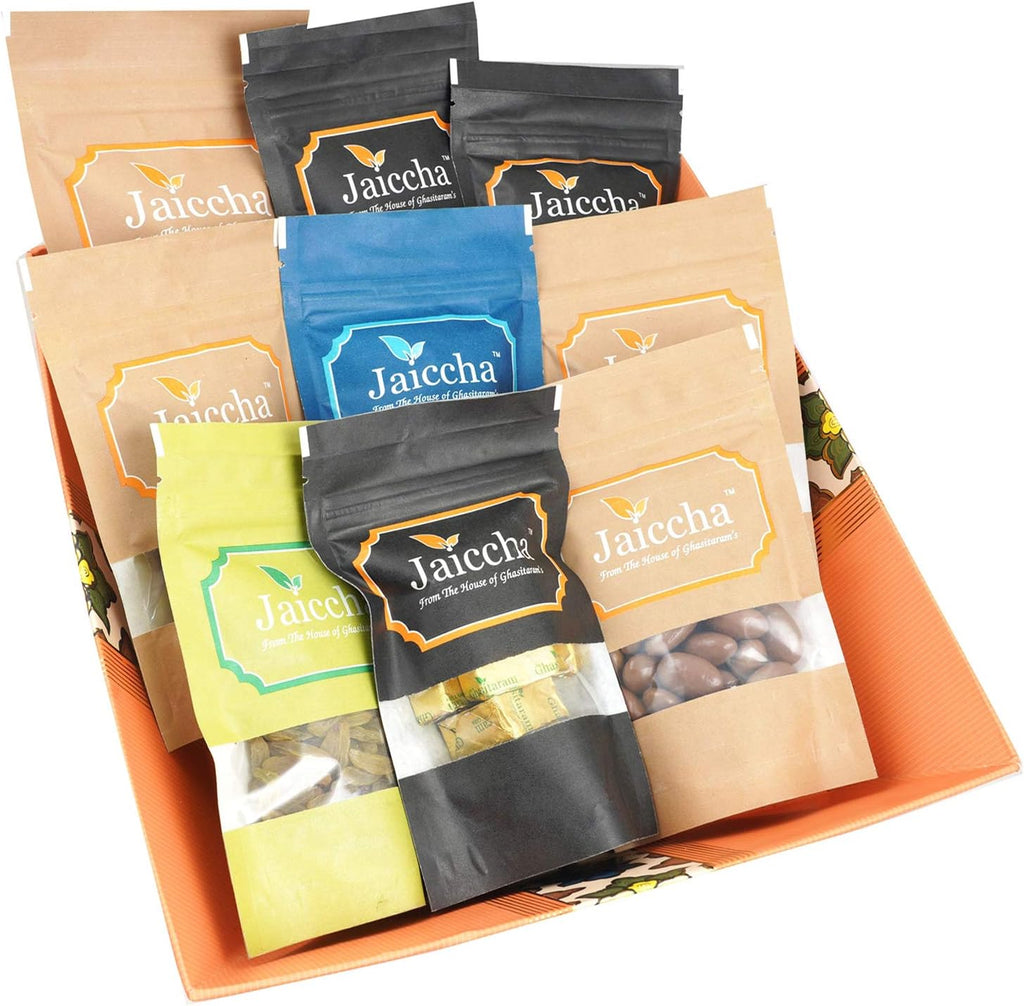 Jaiccha Ghasitaram Christmas Gifts Big Basket of Best 9 Almonds, Raisins, Banarsi Flavoured, MEWA Bites, Crunchy Coated Cashews , Chocolate Almonds, Butter Chakli, Mango Bites and Sugarfree Bites