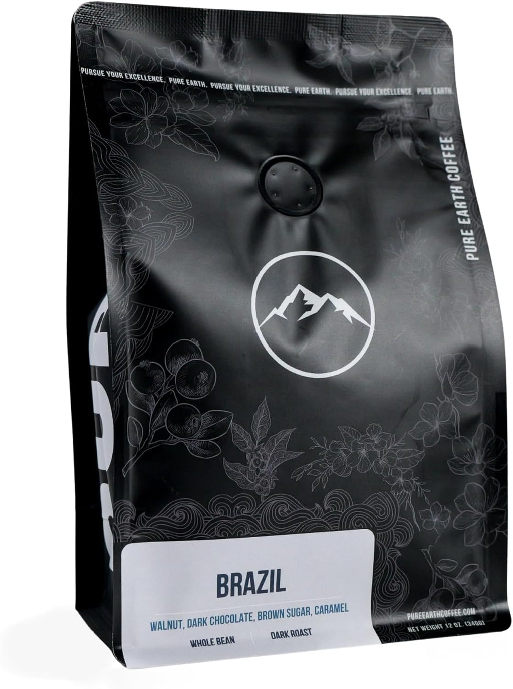 PURE EARTH COFFEE CO. Whole Bean Coffee, Brazil Single-Origin Beans, Dark Roast, Bold Gourmet Specialty Grade Coffee, Chocolate, Walnut, Bold and Smooth Flavor Notes 12oz
