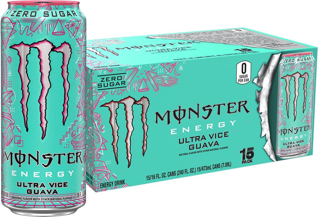 Monster Energy Ultra Vice Guava, Sugar Free Energy Drink, 16 Ounce (Pack of 15) | Pack of 15