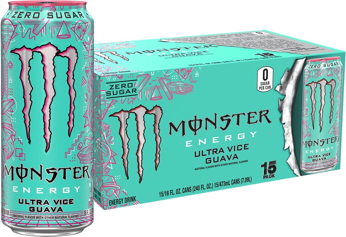 Monster Energy Ultra Vice Guava, Sugar Free Energy Drink, 16 Ounce (Pack of 15) | Pack of 15