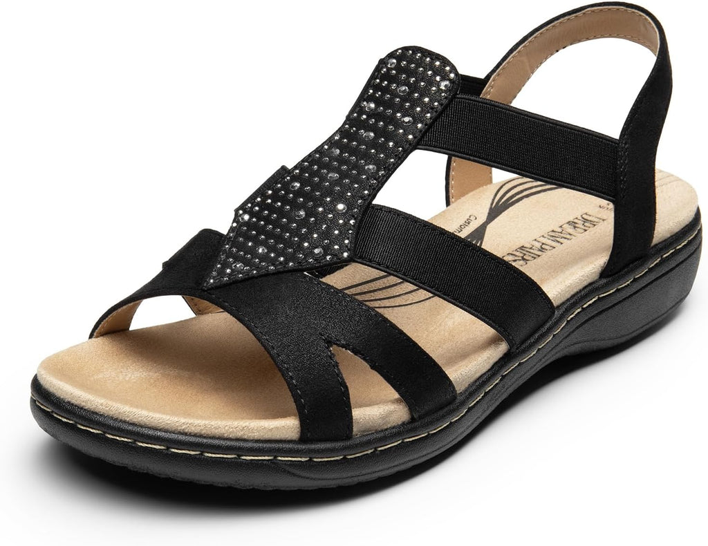 DREAM PAIRS Women's Comfortable Arch Support Dressy Flat Sandals Elastic Open Toe Walking Shoes for Summer
