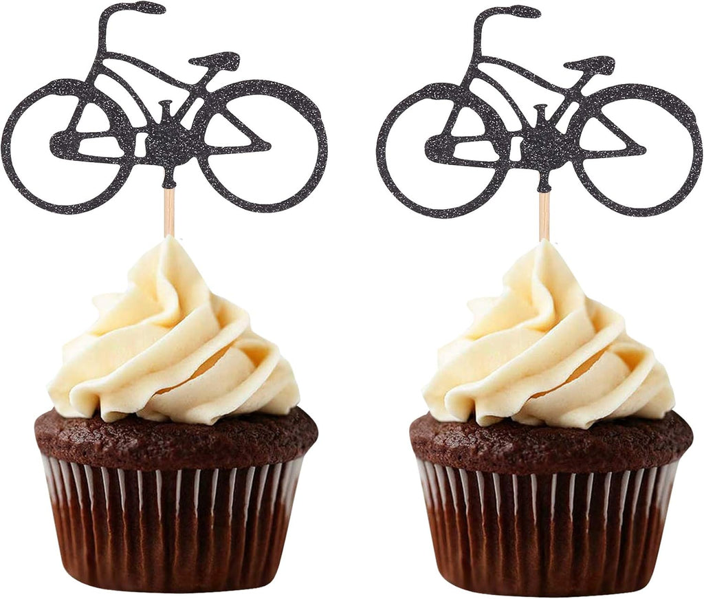 24 Black Glitter Bike Cupcake Toppers Cycling Sports Theme Decorations Boy Birthday Appetizer Picks