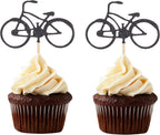 24 Black Glitter Bike Cupcake Toppers Cycling Sports Theme Decorations Boy Birthday Appetizer Picks