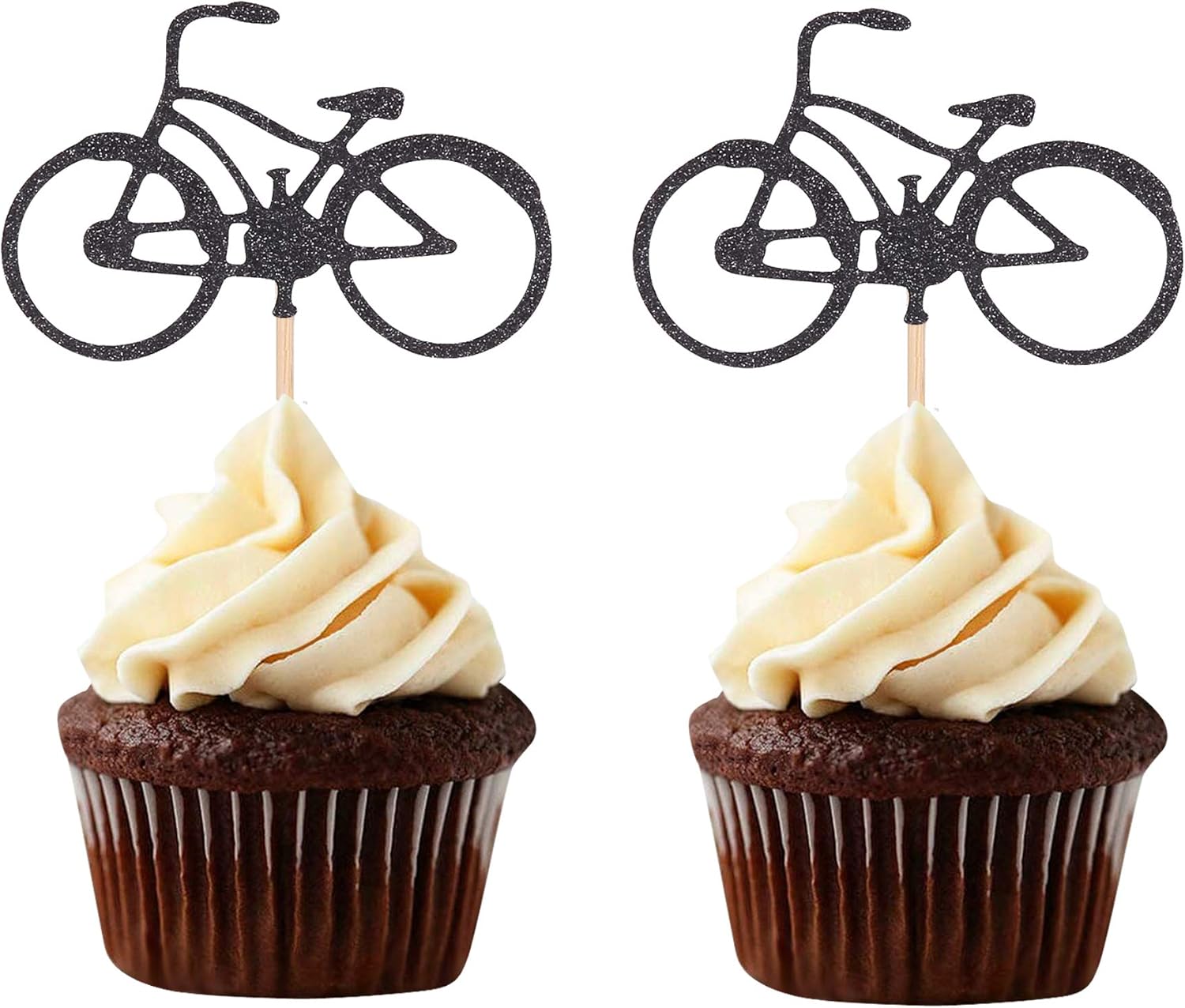24 Black Glitter Bike Cupcake Toppers Cycling Sports Theme Decorations Boy Birthday Appetizer Picks