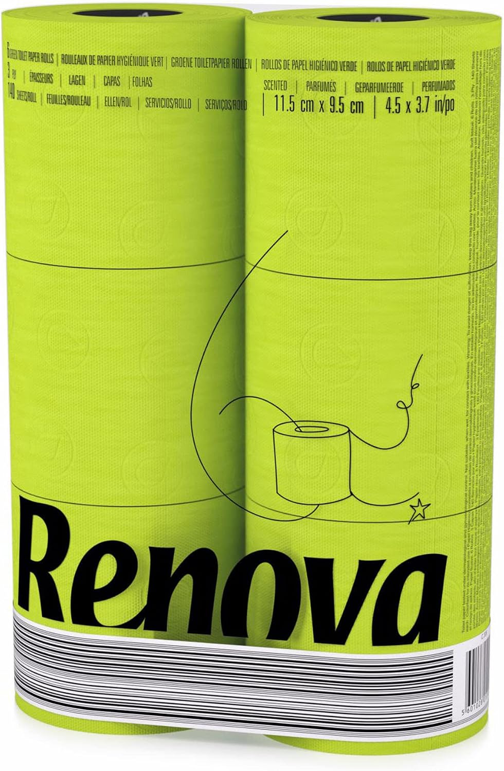 Renova Lime Green Toilet Paper 3-Ply - Ideal for Decorating Your Home or Office - Pack of 6 Compact Rolls- 140 Sheets - Eco-label Certified - Dermatologically Tested - Septic Safe - Sustainable & Soft