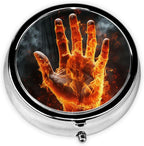 Portable 3-Compartment Pill Box – Round Daily Medicine Organizer for Pocket or Purse, Fire Flame Hand Ideal for Morning, Noon & Evening Doses