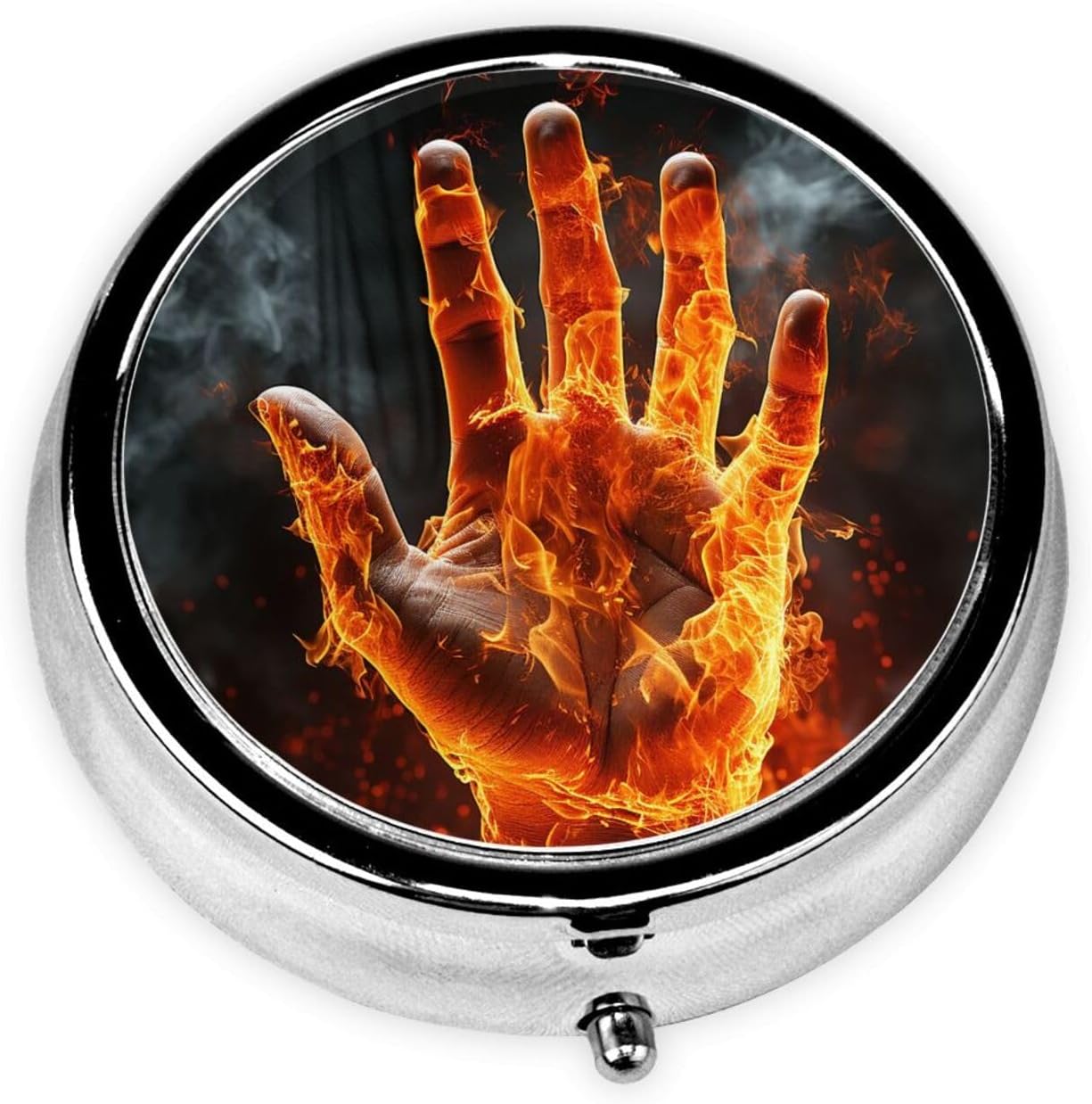 Portable 3-Compartment Pill Box – Round Daily Medicine Organizer for Pocket or Purse, Fire Flame Hand Ideal for Morning, Noon & Evening Doses