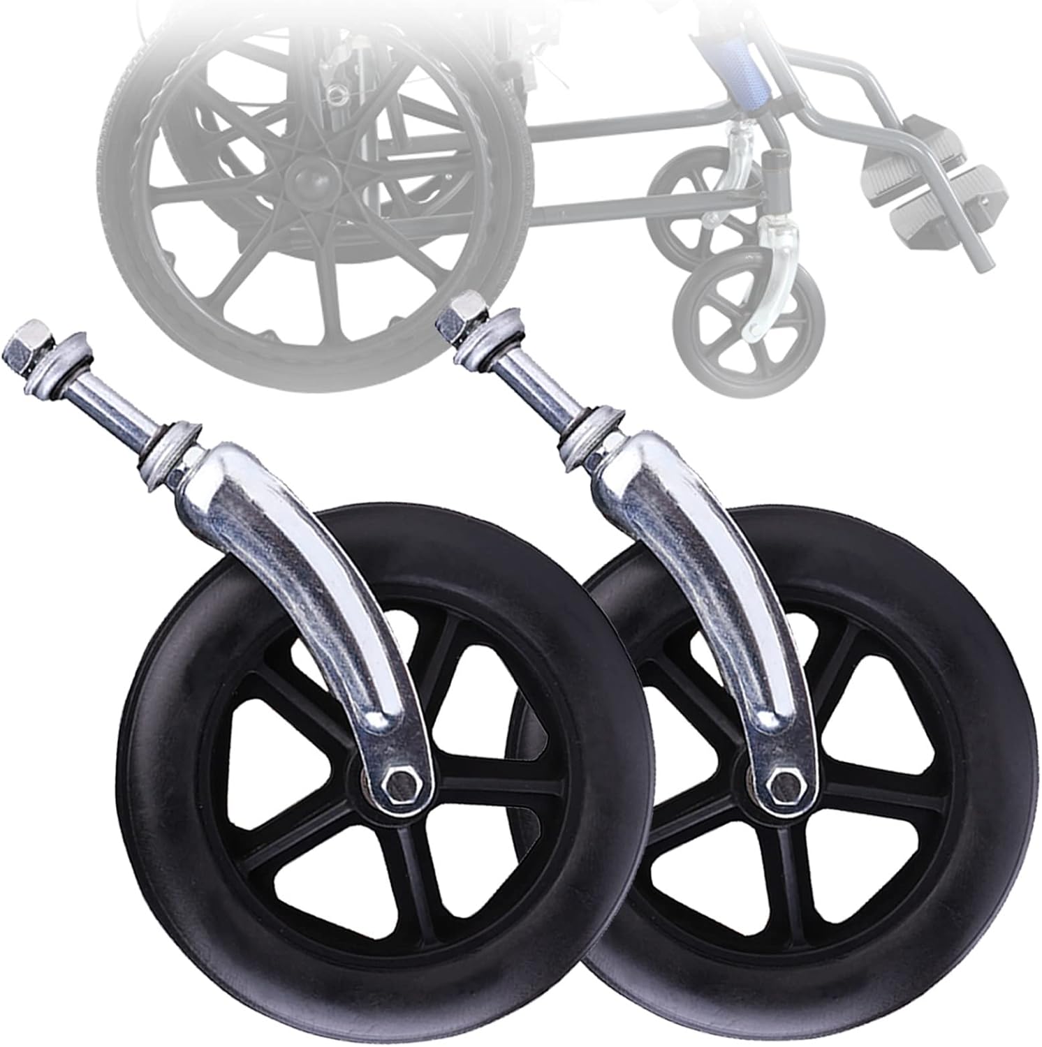 LIGUOYI Wheelchair Caster Wheel with Front Forks, 2 Pcs Hard Rubber Tire 6" 7" 8" Caster Assembly, Solid Wheelchair Accessories, 1/2" Mounting Axle, Anti-wear & Non-Slip, Replacement Casters