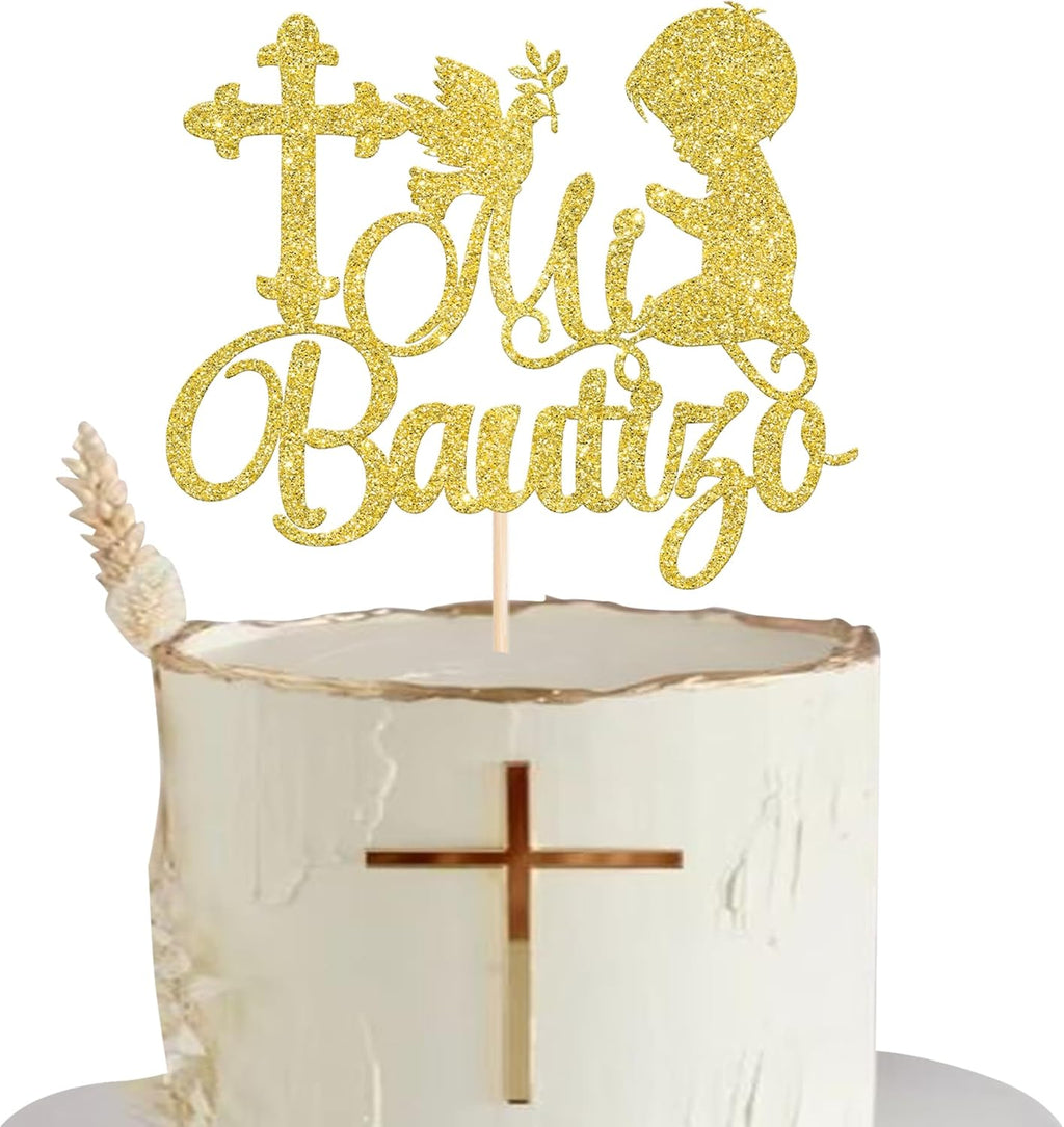 Rsstarxi 1 Pack Spanish Mi Bautizo Cake Topper Baptism Cake Decoration Cross First Holy Communion Cake Pick for Religious God Bless Boy Baptism Baby Shower Party Decoration Gold