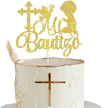 Rsstarxi 1 Pack Spanish Mi Bautizo Cake Topper Baptism Cake Decoration Cross First Holy Communion Cake Pick for Religious God Bless Boy Baptism Baby Shower Party Decoration Gold