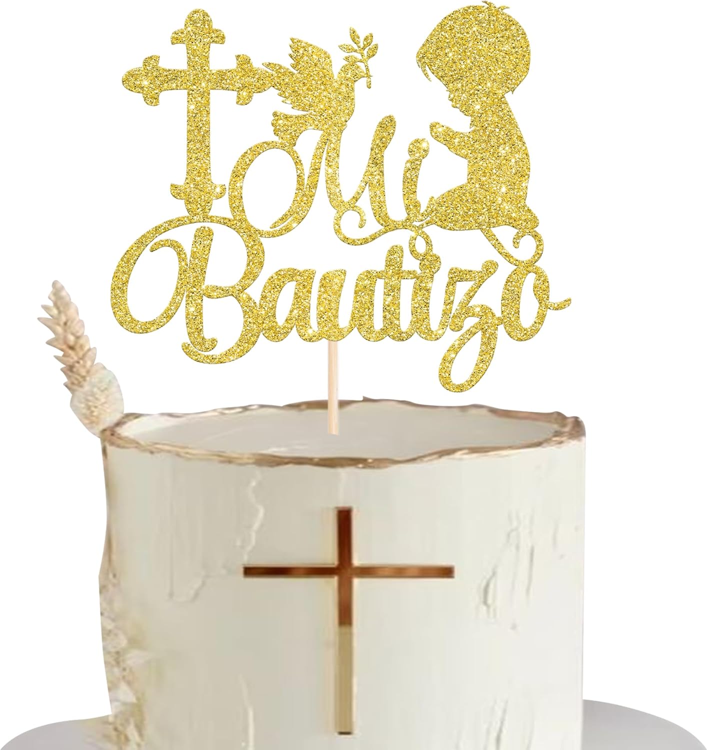 Rsstarxi 1 Pack Spanish Mi Bautizo Cake Topper Baptism Cake Decoration Cross First Holy Communion Cake Pick for Religious God Bless Boy Baptism Baby Shower Party Decoration Gold