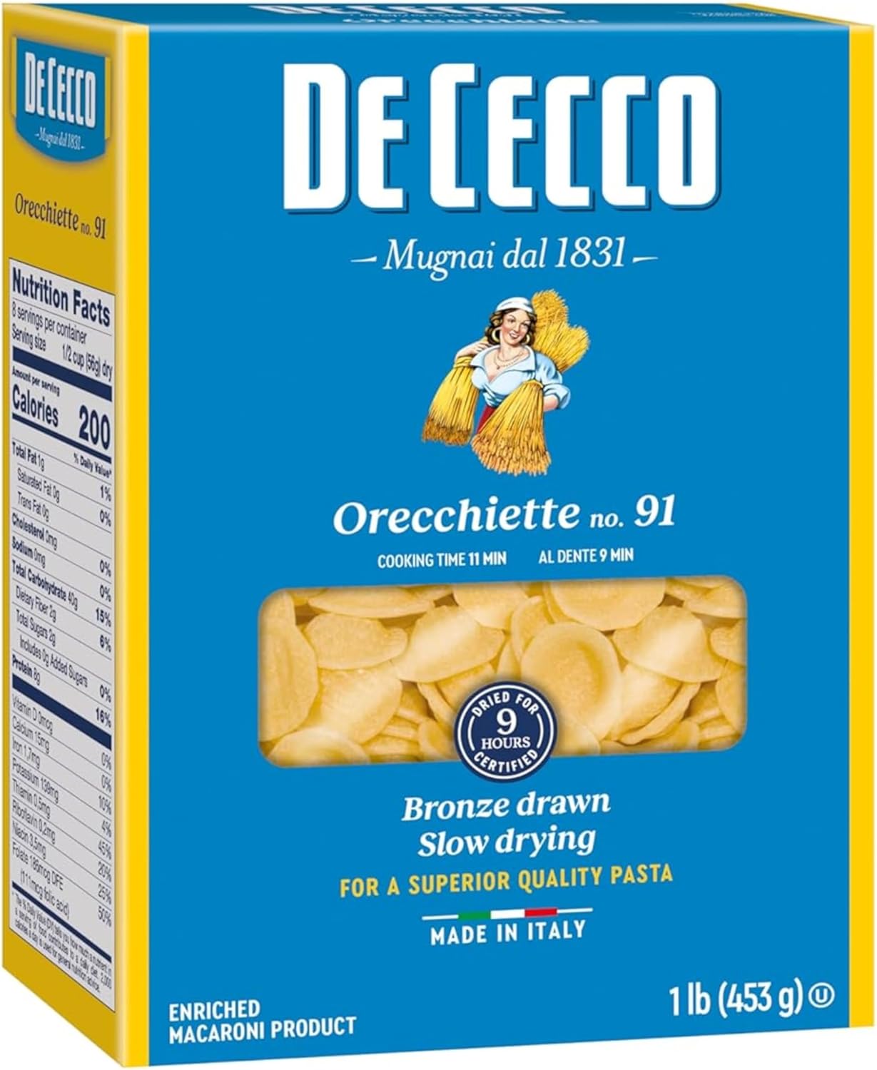 De Cecco Orecchiette No. 91 Pasta, 16 Oz, Authentic, Slow Dried, Made with Durum Wheat, Versatile Pasta for Sauces & Recipes, Made in Italy