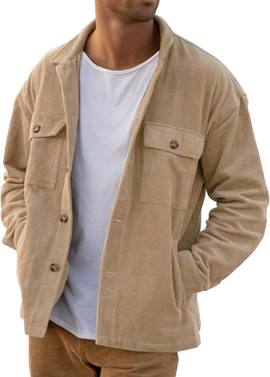 PLEPAN Men's Corduroy Shacket with 4 Pockets (Chest & Side Slant) Button Down Work Jackets Casual Long Sleeve Shirt Jacket