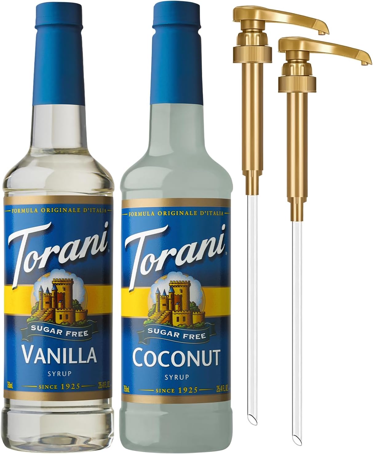 Torani Sugar Free Coconut Syrup and Sugar Free Vanilla Syrup Variety 2-Pack, Coffee Syrups for Drinks, Pumps Included, 25.4 Fl Oz Ea
