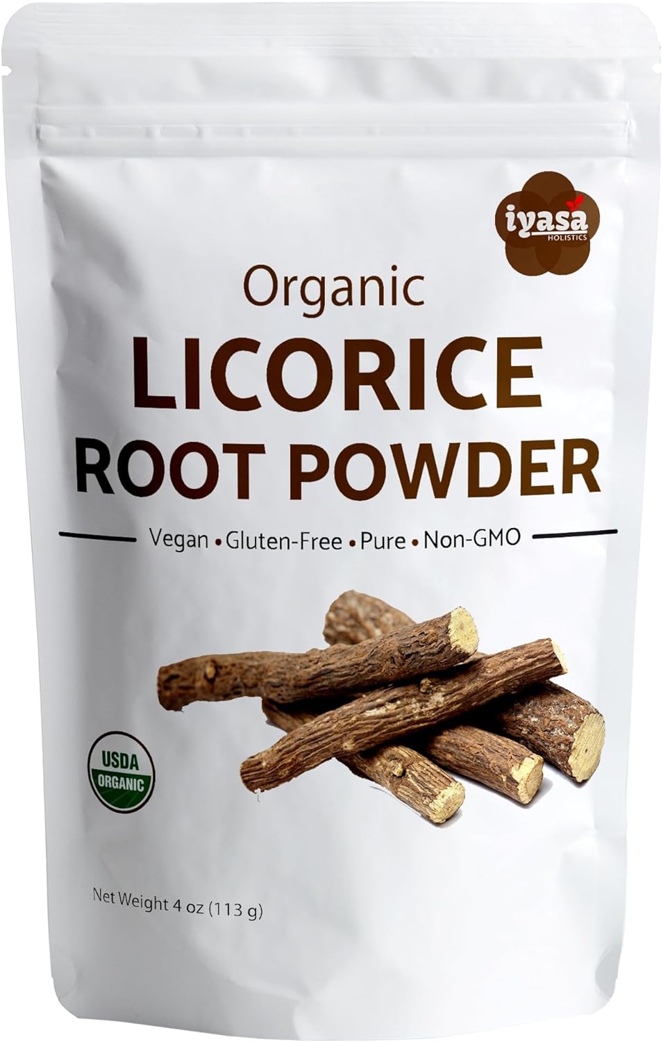 Iyasa Holistics Licorice Root Powder 4 oz - USDA Certified Organic Licorice Root Glycyrrhiza Glabra & Mulethi - Digestive & Adrenal Support, Natural Sweetener - Pure Ayurveda Products