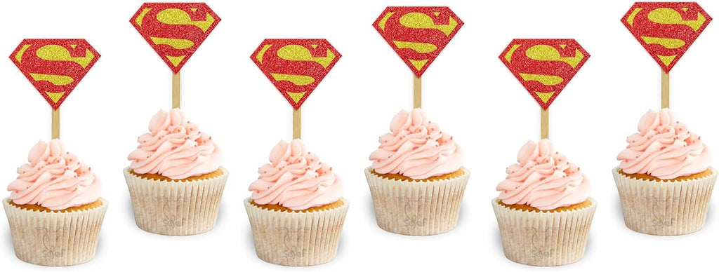 Suprman Cupcake Topper – Superhero Party Decorations for Boys, Man of Steel Birthday Cupcake Picks, Justice League Cake Toppers, Comic Hero Theme Party Supplies, Super Hero Dessert Decor