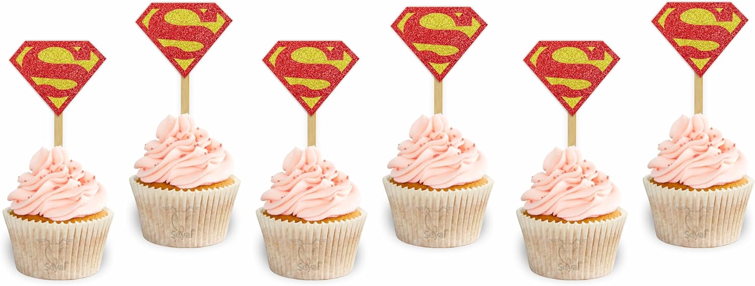Suprman Cupcake Topper – Superhero Party Decorations for Boys, Man of Steel Birthday Cupcake Picks, Justice League Cake Toppers, Comic Hero Theme Party Supplies, Super Hero Dessert Decor