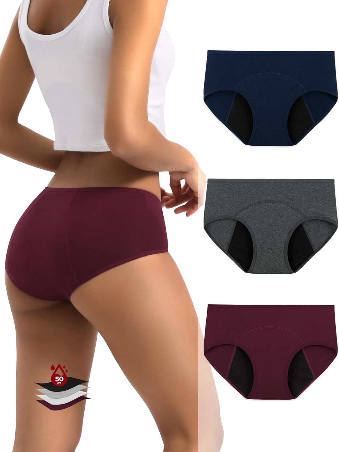 INNERSY Heavy Flow Period Underwear for Women Teens, Leak-Proof Menstrual Cotton Protective Hipster Panties 3-Pack