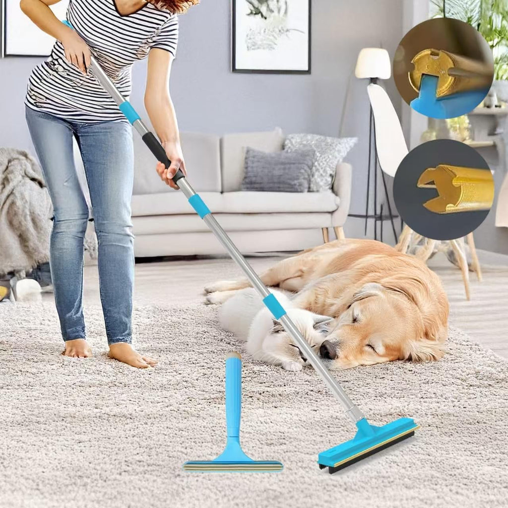Upgraded Carpet Rake for Pet Hair Removal,2PCS Reusable Pet Hair Remover with 56” Adjustable Long Handle, 3 in 1 Rubber Broom and Carpet Brush Scraper for Rugs, Mats, Couch, Furniture