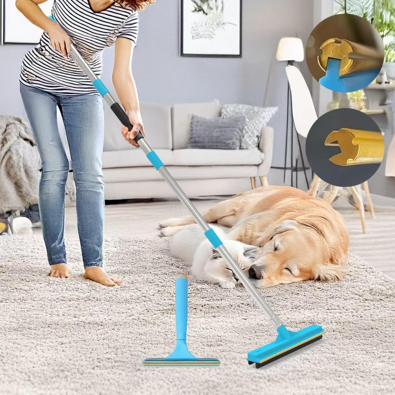 Upgraded Carpet Rake for Pet Hair Removal,2PCS Reusable Pet Hair Remover with 56” Adjustable Long Handle, 3 in 1 Rubber Broom and Carpet Brush Scraper for Rugs, Mats, Couch, Furniture