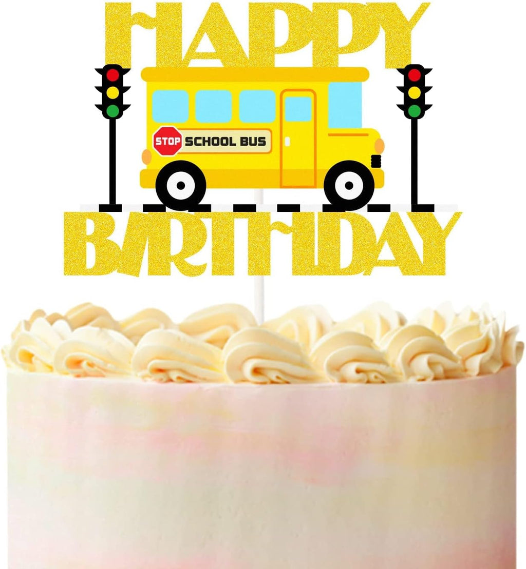 School Bus Happy Birthday Cake Topper,Ready to Rule the School Cake Topper,Back to School First Day Party Centerpiece,Child Boys Girls School Themed Party Supplies Gold Glitter