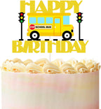 School Bus Happy Birthday Cake Topper,Ready to Rule the School Cake Topper,Back to School First Day Party Centerpiece,Child Boys Girls School Themed Party Supplies Gold Glitter