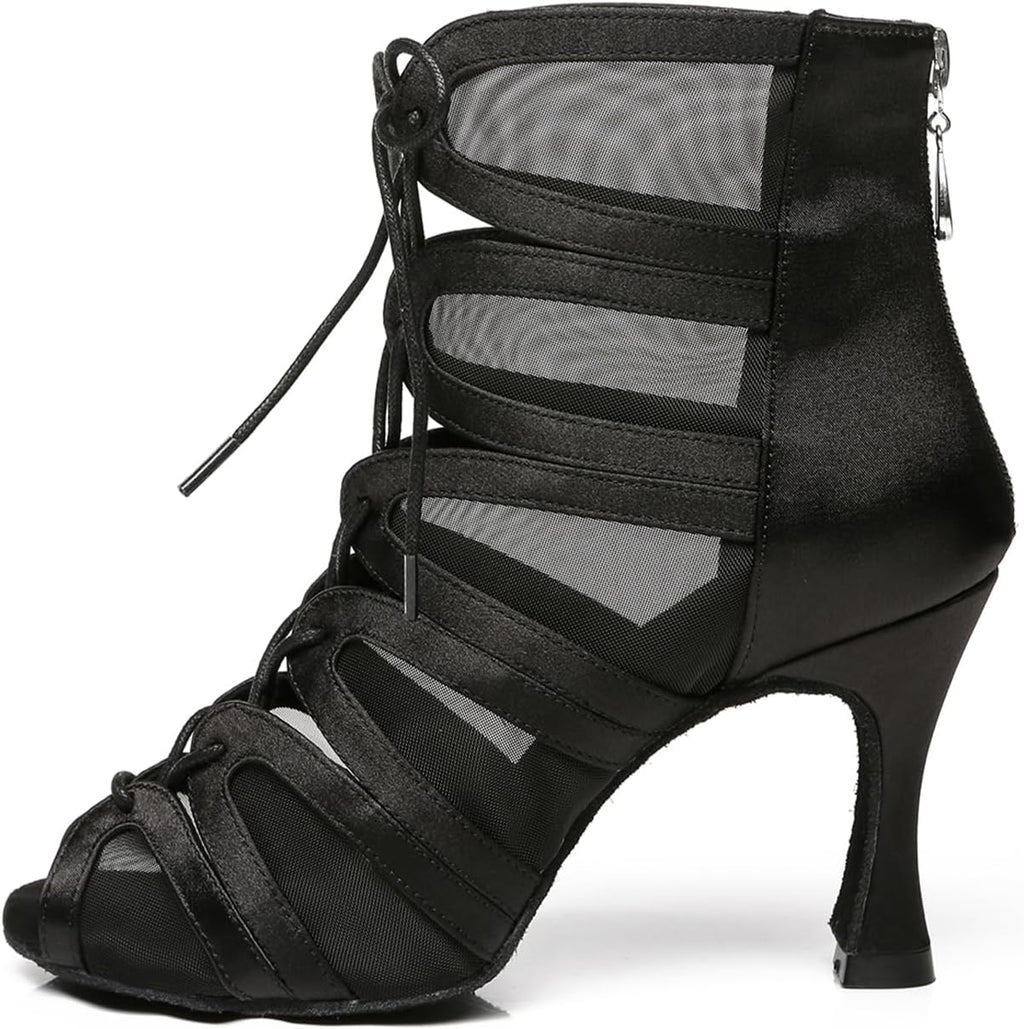 Women's Ballroom Ankle Dance Boots Lace-up Open-Toe Practice Latin Salsa Dancing Boots,Model YC-L444-Suede Sole-3.33” Heel