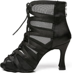 Women's Ballroom Ankle Dance Boots Lace-up Open-Toe Practice Latin Salsa Dancing Boots,Model YC-L444-Suede Sole-3.33” Heel