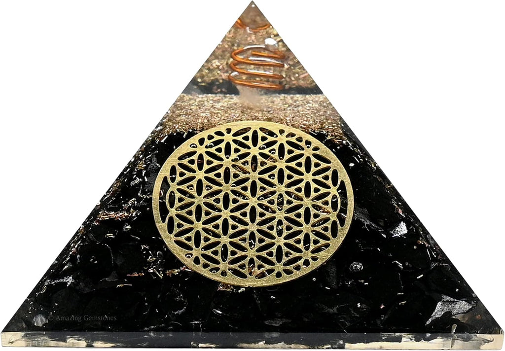 Amazing Gemstone Large Black Tourmaline Orgone Pyramid Crystal, Flower of Life Orgonite Pyramid - Positive Energy Healing