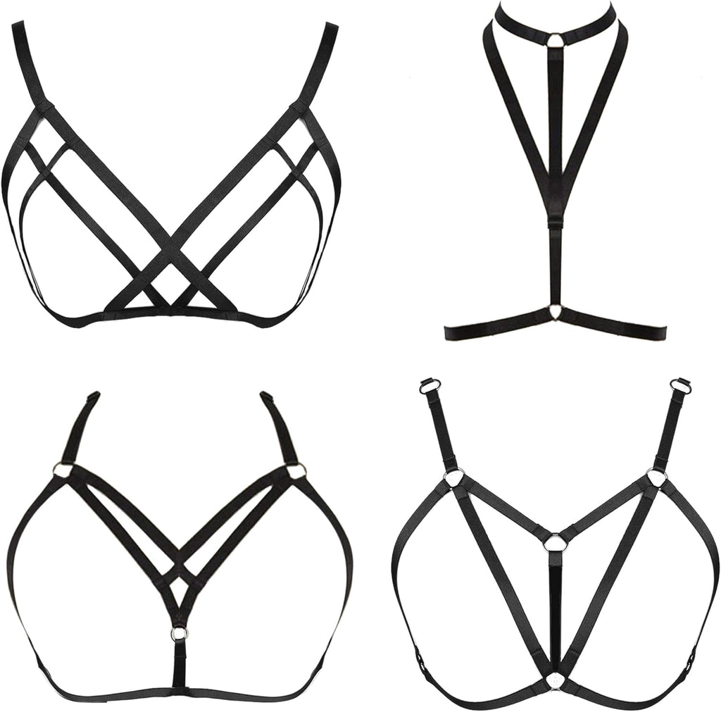 FIBO STEEL 4 Pcs Womens Strappy Cage Bra Sexy Bra Harness for Women