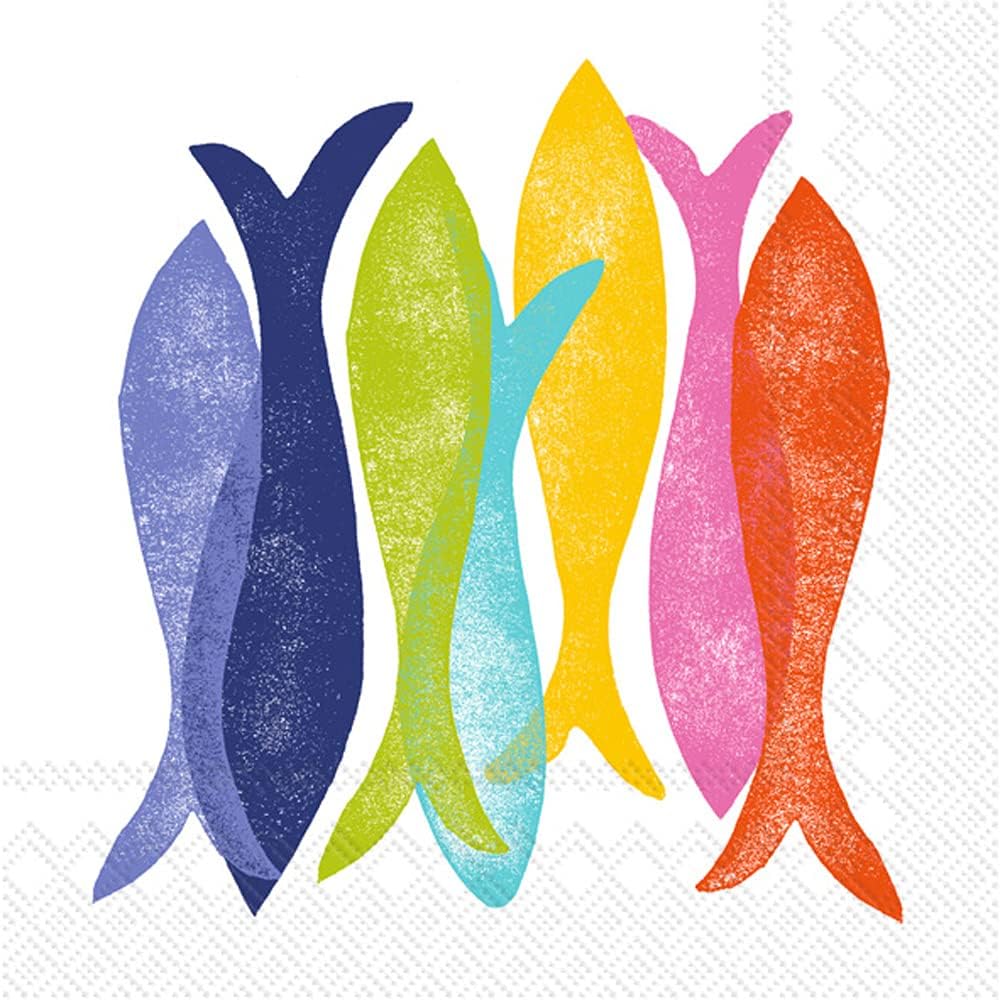 Boston International IHR 3-Ply Cocktail Beverage Paper Napkins, 20-Count, 5 x 5-Inches, Hand Stamp Fish
