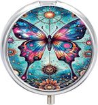 3 Compartment Travel Pill Case, Portable Round Pill Box for Pocket or Purse, Decorative Metal Medicine Vitamin Organizer. (Painted Butterfly)