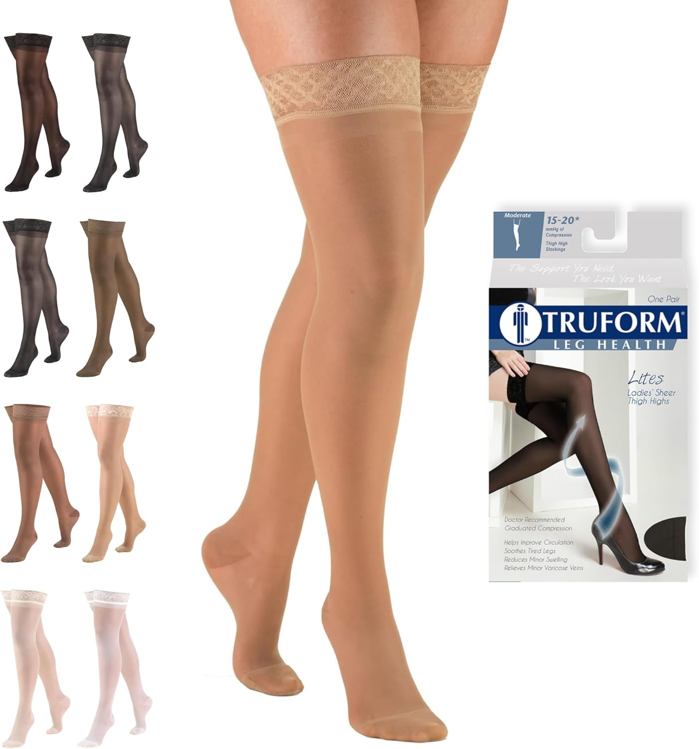 Truform Sheer Compression Stockings, 15-20 mmHg, Women's Thigh High Length, 20 Denier, Beige, Medium