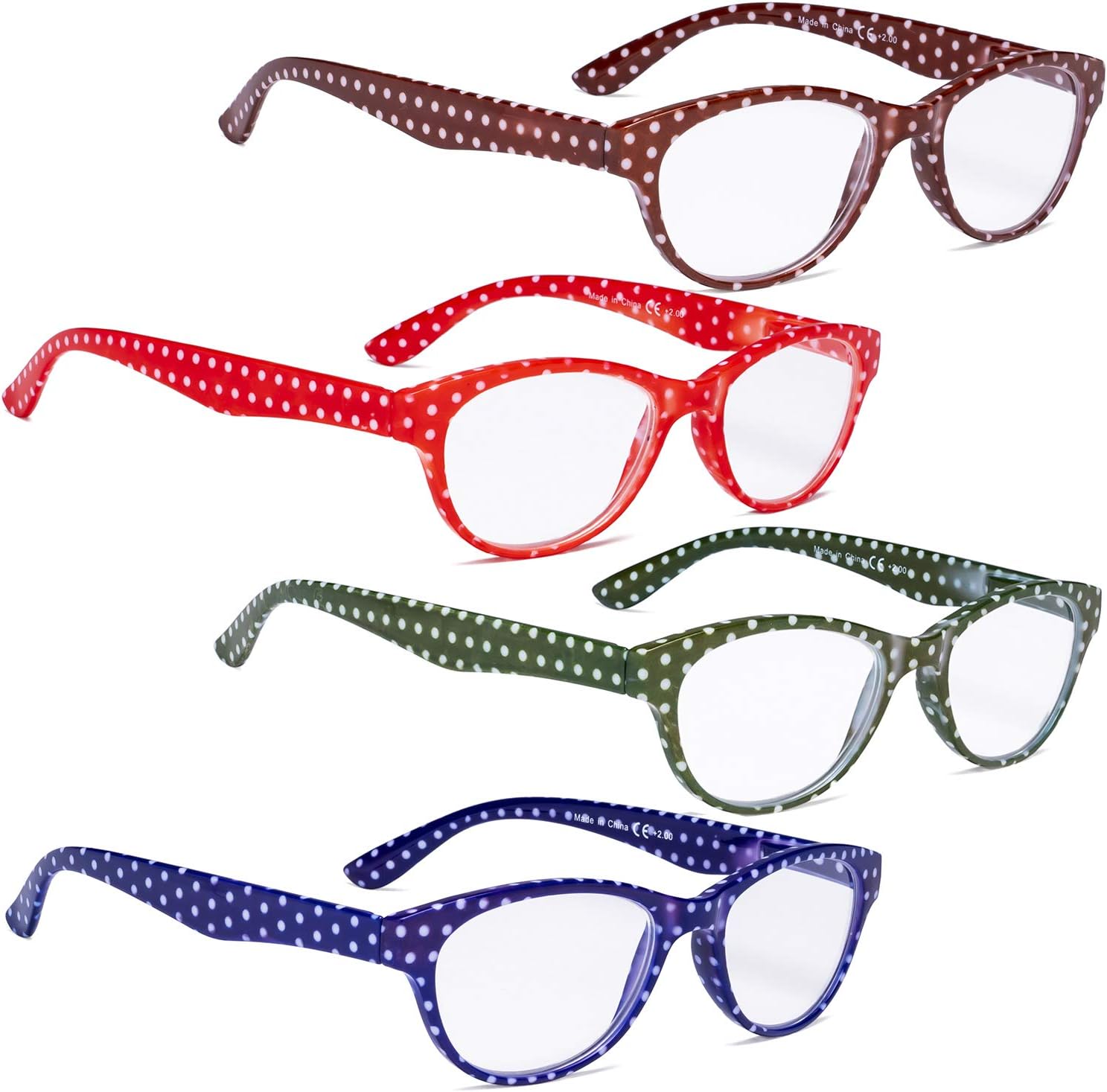 READING GLASSES 4 pack Ladies Polka Dots Cat-Eye Design Glasses for Women Reading