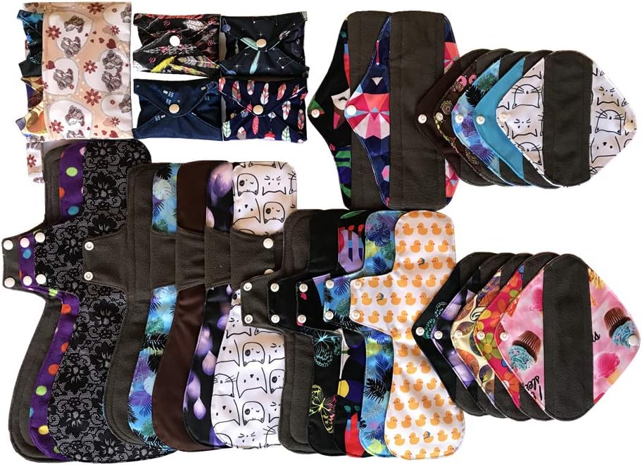 MUMBABY 32 pcs Full Series Set 1pc Mini Wet Bag+5@7inch +5@8inch+8@10inch+5@12inch+5@14inch +3@16inch Charcoal Bamboo Mama Cloth/Menstrual Pads/Reusable Sanitary Pads