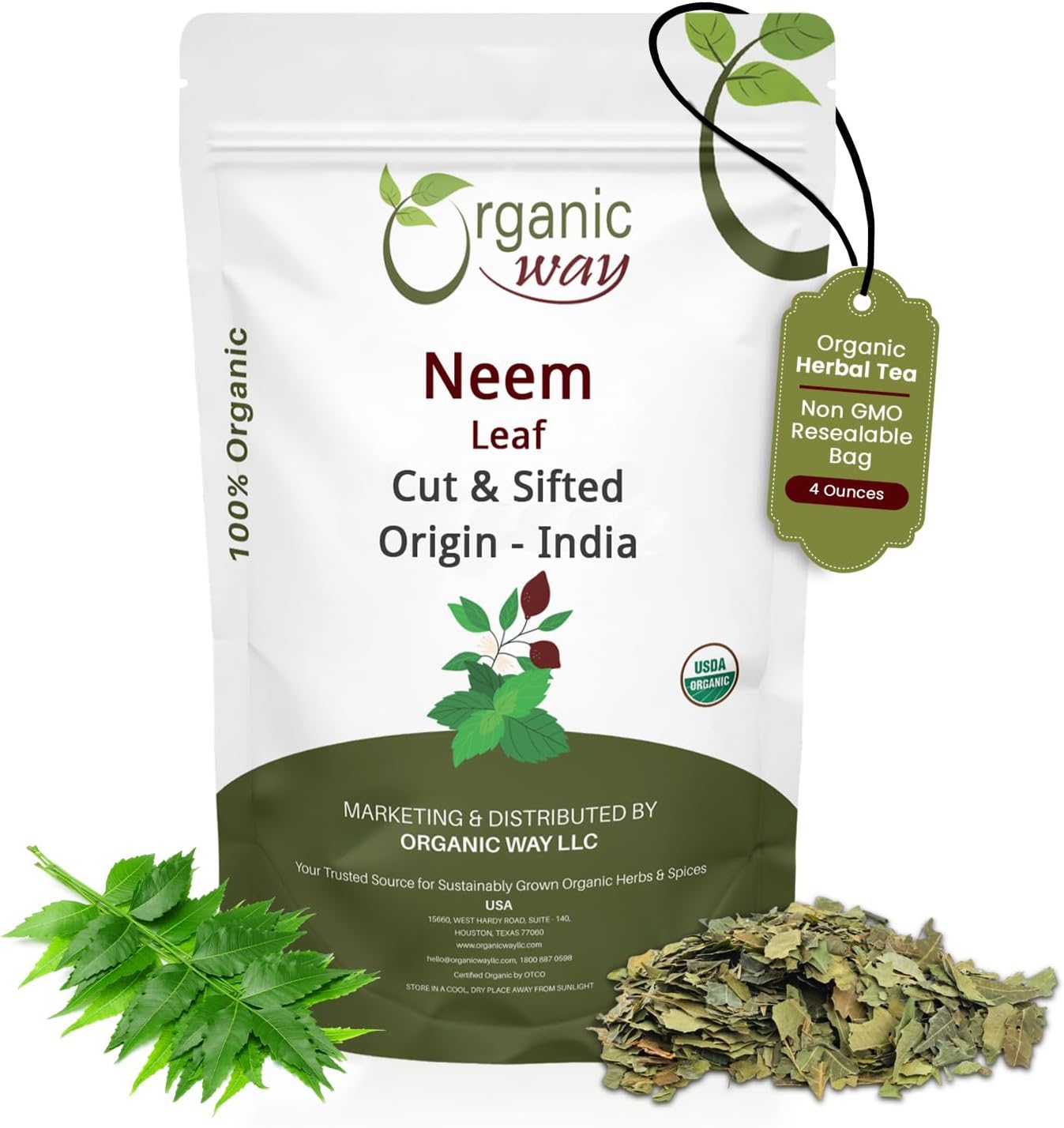Organic Way Neem Leaf Cut and sifted | Herbal Tea | Premium Neem Leaf | USDA Certified | Non GMO & Gluten Free | Origin - India (4 oz - 1/4 lbs)