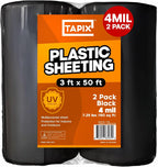 Black Plastic Sheeting Roll 3'x50' (2 Pack) – 4 Mil UV Protected, Weed Barrier & Landscape Plastic for Gardening, Root Blocker & Moisture Barrier, Protective Covering for Painting & Equipment