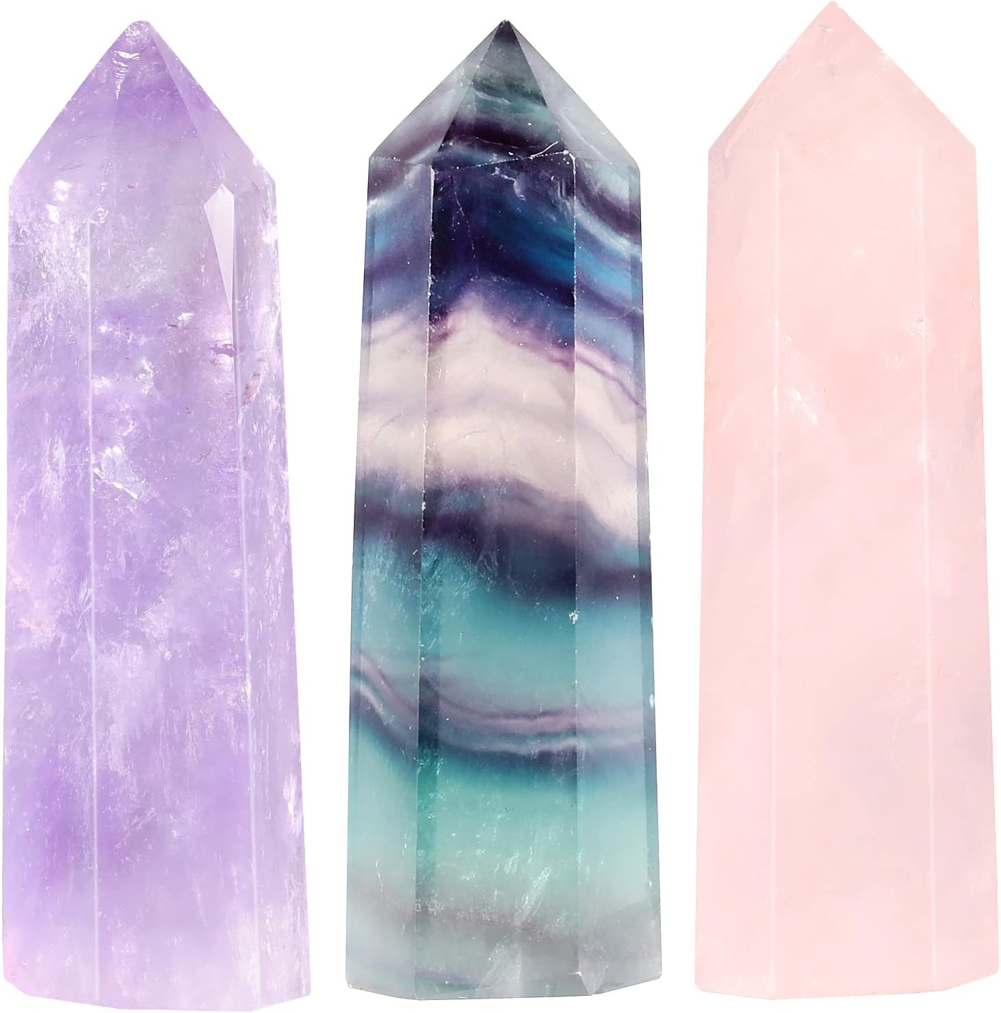 3 Pcs Hexagonal Points Healing Crystal Wand for Spiritual Therapy Witches Meditation Jewelry Making Balance Chakra Protection Home Decor, Amethyst & Rose Quartz & Fluorite