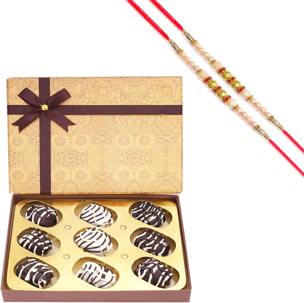 Ghasitaram Gifts Rakhi Gifts for Brothers Dryfruit - Brown Print Assorted Chocolate Coated Dates Box with 2 Pearl Rakhis