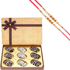 Ghasitaram Gifts Rakhi Gifts for Brothers Dryfruit - Brown Print Assorted Chocolate Coated Dates Box with 2 Pearl Rakhis