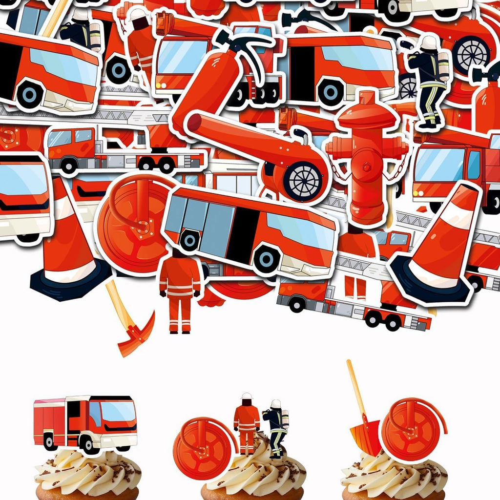 Fireman Themed Edible Wafer Paper Cake & Cupcake Toppers 80pcs Firefighter Decorations for Kids Birthday Party Fire Truck, Helmet, Flame, Fire Hydrant Designs Easy Cake Decorating Supplies