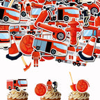 Fireman Themed Edible Wafer Paper Cake & Cupcake Toppers 80pcs Firefighter Decorations for Kids Birthday Party Fire Truck, Helmet, Flame, Fire Hydrant Designs Easy Cake Decorating Supplies