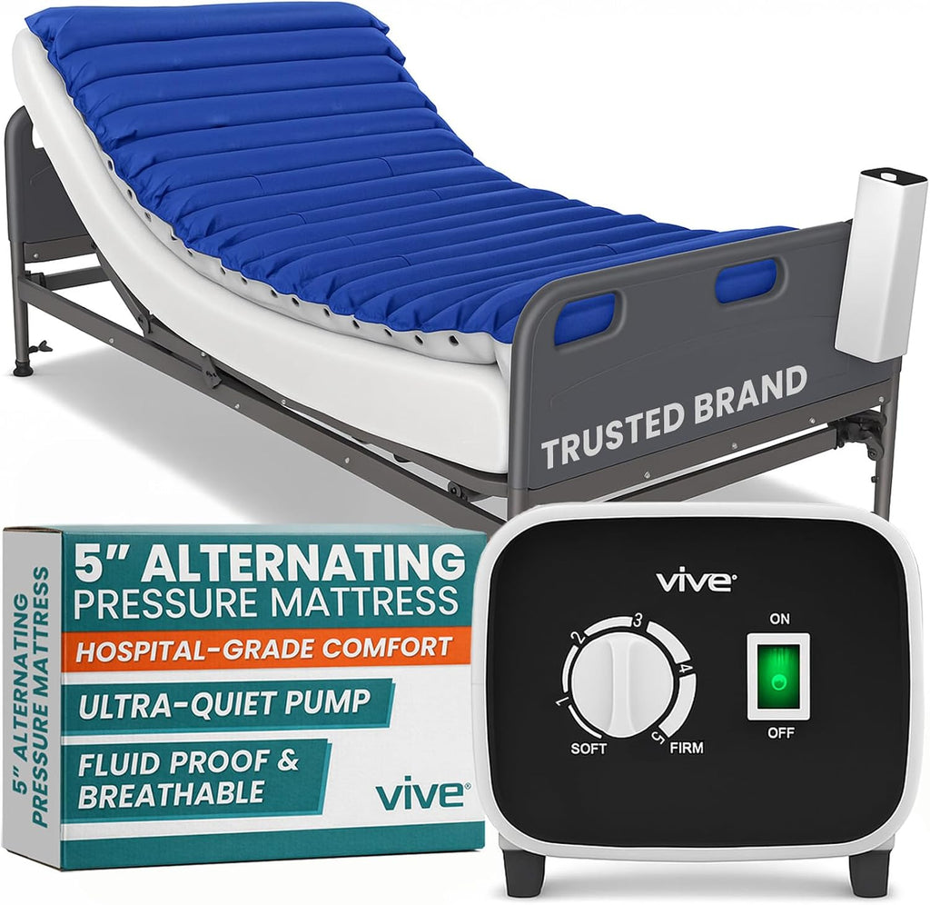 Vive 5" Alternating Pressure Mattress - Air Topper Pad for Bed Sore, Ulcer Prevention, Bedridden Treatment - Inflatable, Quiet Alternative Cover - Fits Hospital Bed - Includes Electric Pump System