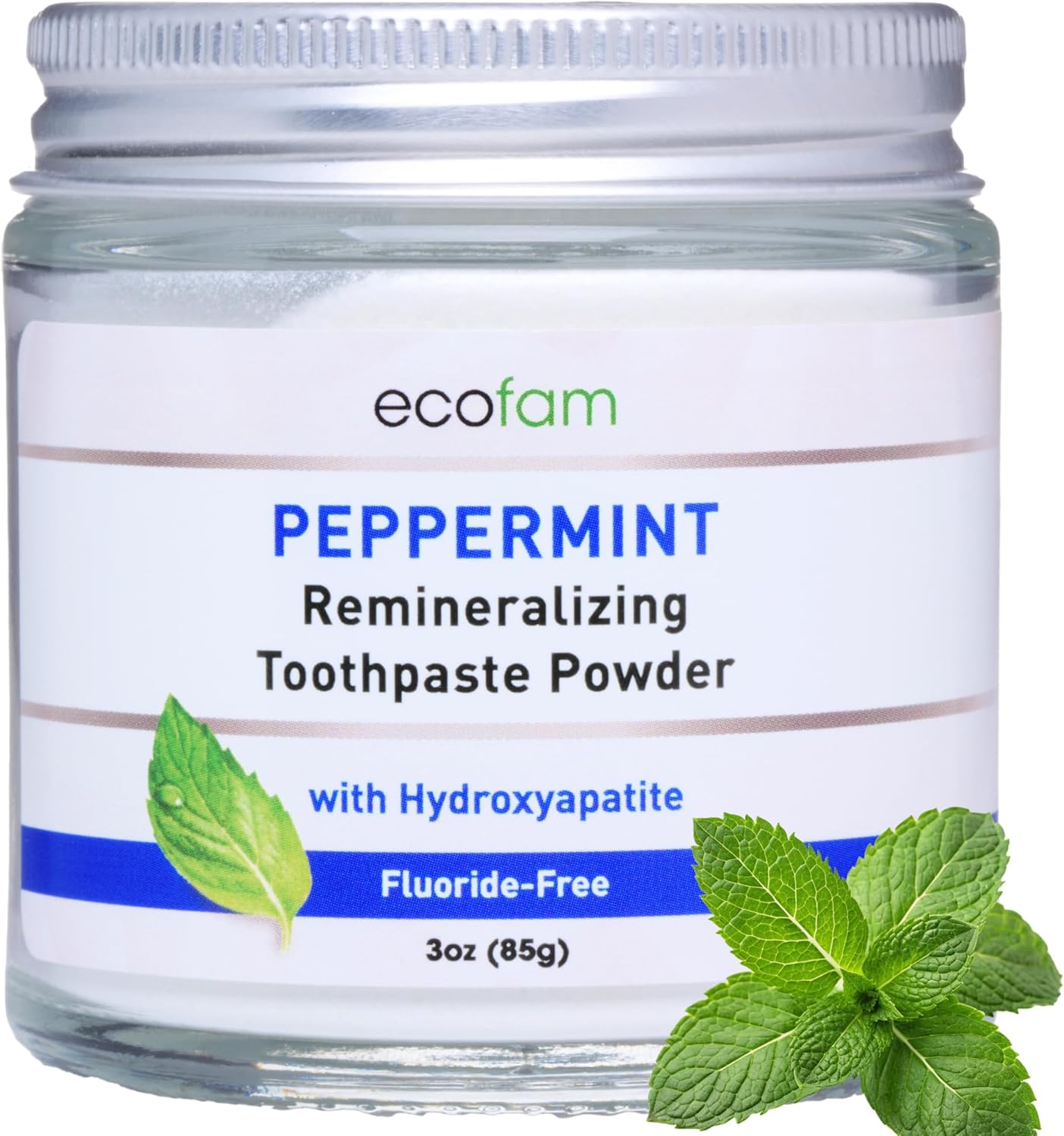 Ecofam Toothpaste Powder - Remineralizing Tooth Powder, Hydroxyapatite and Xylitol, Fluoride Free, Supports Enamel Strength & Gum Health - Peppermint