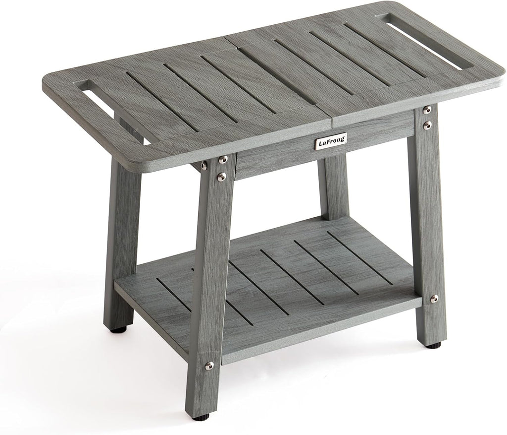 Large Shower Bench, Heavy Duty HDPS Shower Stool for Inside Shower, 2 Tier Shower Chair Seat with Shelf for Bath, Waterproof Shower Foot Rest for Shaving Legs with Adjustable Feet, Gray