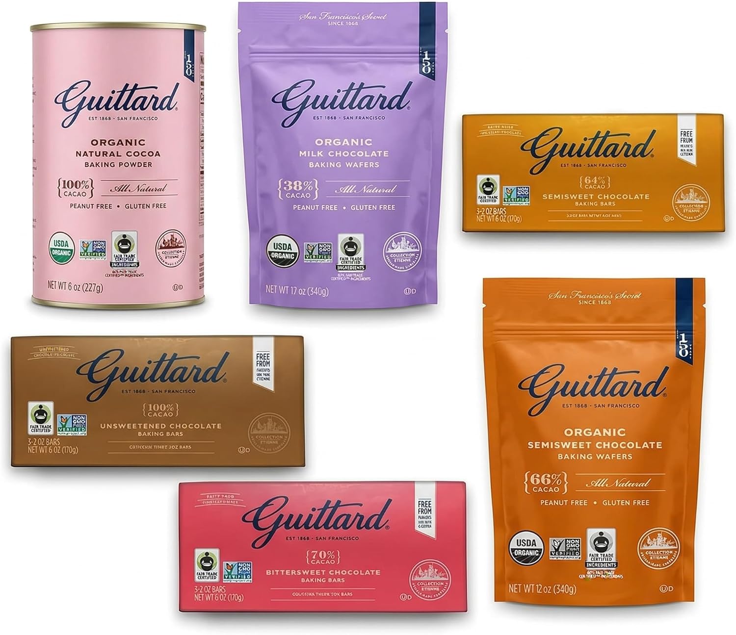 Guittard Baking Chocolate Variety Pack (6 Pack) – Premium Baking Bars, Organic Chocolate Wafers & Natural Unsweetened Cocoa Powder – 100% Unsweetened, 64% Semi-Sweet, 70% Bittersweet & Milk Chocolate for Baking, Desserts & Gourmet Recipes